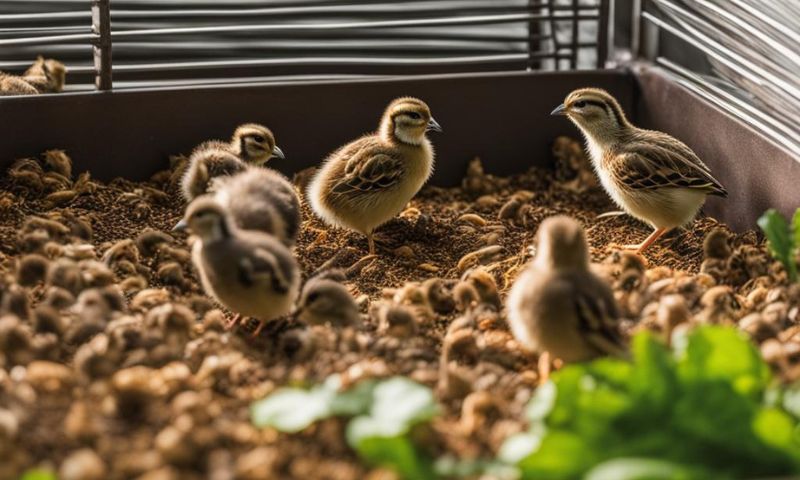 A group of healthy quail chicks eating