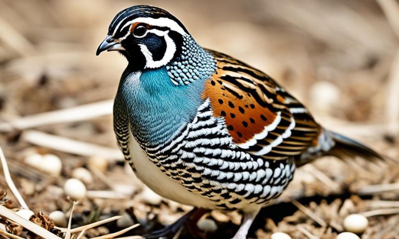 Quail eating grain in the feed box